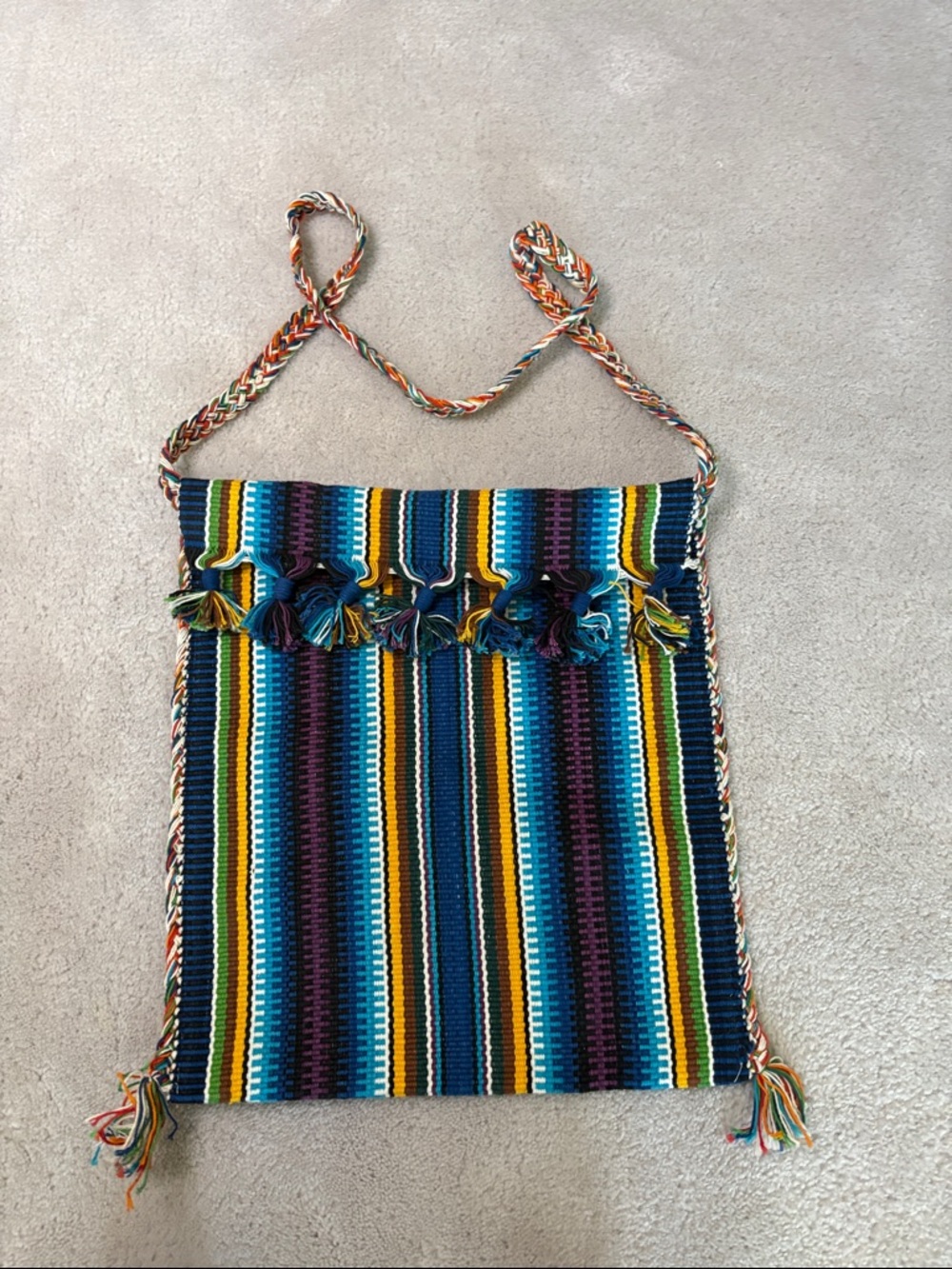 Striped Woven Crossbody Bag with Tassel Trim